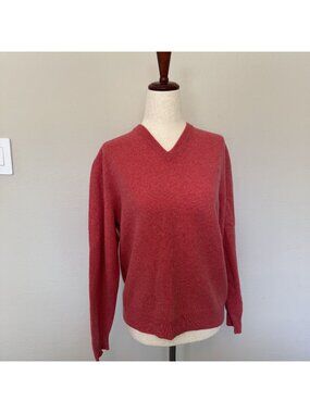 Vintage Soft Cashmere V-Neck Sweater Coral Red Knit Classic Luxe Staple
